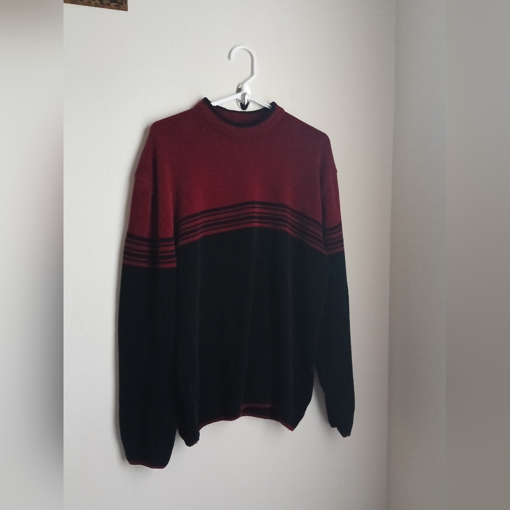 Faded Glory Sweater Men XL Burgundy and Black Striped Crewneck Versatile Office